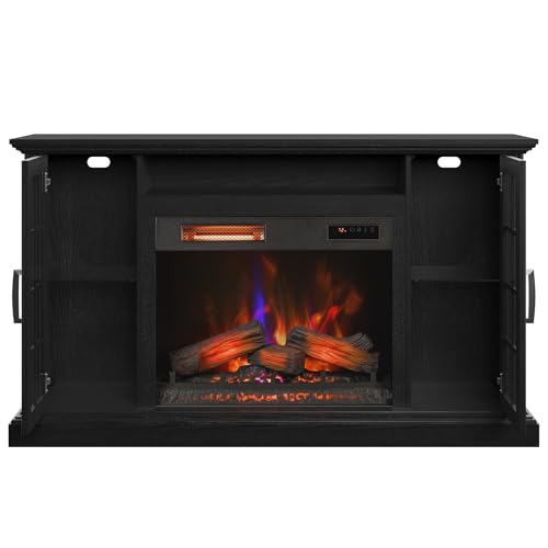 duraflame® Electric Fireplace Media Mantel for TVs up to 65 inches and Farmhouse Storage Cabinets, Black Embossed Ash Duraflame