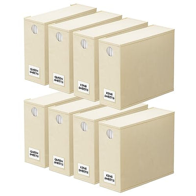 SpaceAid 8 Pack Bed Sheet Organizers and Storage, Foldable Sheet Organizer for Linen Closet, Sheets Set Folder Keeper with Window XL (Queen & King Size) Bedding Container (Beige, 8 Pack)