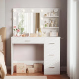 Furmax Vanity Desk with LED Lighted Mirror&Power Outlet, Makeup Vanity Table with 4 Drawers, 3 Open Storage Shelves, and 3 Color Modes, for Bedroom (Pure White) Furmax