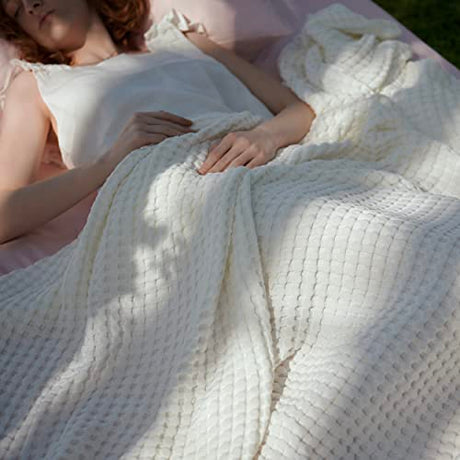 Bedsure Cooling Cotton Waffle King Size Blanket - Lightweight Breathable Spring Blanket of Rayon Derived from Bamboo for Hot Sleepers, Luxury Throws for Bed, Couch and Sofa, Ivory, 104x90 Inches Bedsure