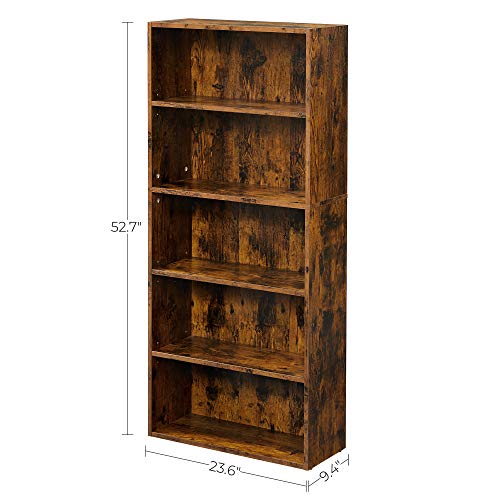 VASAGLE 5-Tier Adjustable Bookshelf in Rustic Brown - Stylish Floor Standing Unit - WoodArtSupply