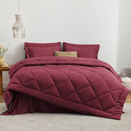 Love's cabin Full Comforter Set Burgundy, 7 Pieces Full Bed in a Bag, All Season Bedding Sets with 1 Comforter, 1 Flat Sheet, 1 Fitted Sheet, 2 Pillowcase and 2 Pillow Sham Love's cabin