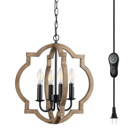 Plug in Chandelier with 16.4ft Cord,Dimming and Timer Switch,4-Light,Wood Color,Orb Wood Farmhouse Light fixtures,Outdoor Chandelier for Gazebo, Kitchen Island Dinning Foyer Entryway vivihobb