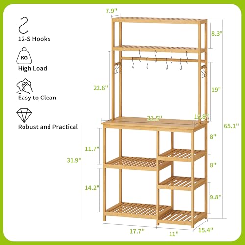 BMOSU Bakers Rack Bamboo for Kitchen with 12 S-Shaped Hooks Coffee Bar Table Kitchen Microwave Stand Open Storage Shelves Utility Storage