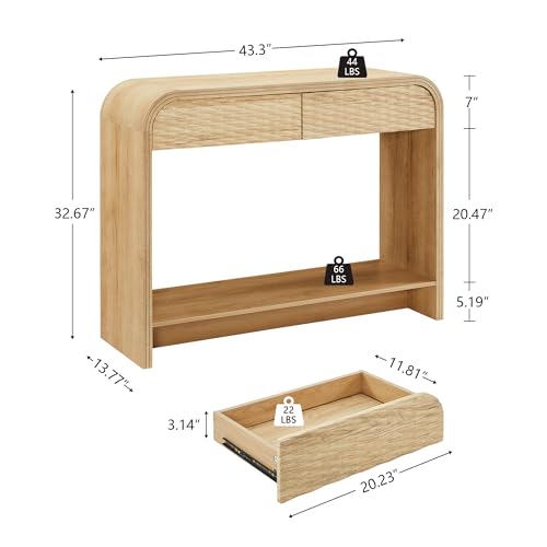 affeivul Curved Console Table Arch with Storage, Narrow Entryway Table with Drawers, 43.3'' Couch Table Behind Sofa Long and Skinny for Living Room TV, Hallway Entrance Foyer, Mid Century Boho Rattan affeivul