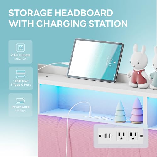 LIKIMIO Twin Bed Frame with 2 Storage Drawers, Charging Station & LED Lights, Upholstered Platform Twin Bed with Storage Headboard, Strong Wooden Slats, No Box Spring Needed, Easy Assembly, Pink LIKIMIO