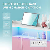 LIKIMIO Twin Bed Frame with 2 Storage Drawers, Charging Station & LED Lights, Upholstered Platform Twin Bed with Storage Headboard, Strong Wooden Slats, No Box Spring Needed, Easy Assembly, Pink LIKIMIO
