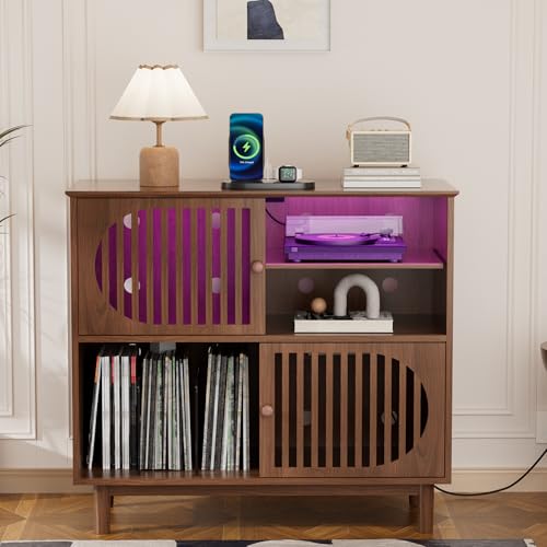 Hretanant Large Record Player Stand with Storage & LED Lights, Vinyl Record Storage Cabinet Holds Up to 350 Albums, Mid Century Modern Turntable Stand with Charging Station for Living Room (Walnut) Hretanant