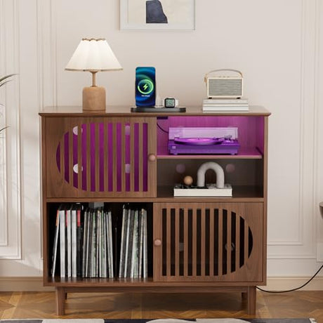 Hretanant Large Record Player Stand with Storage & LED Lights, Vinyl Record Storage Cabinet Holds Up to 350 Albums, Mid Century Modern Turntable Stand with Charging Station for Living Room (Walnut) Hretanant