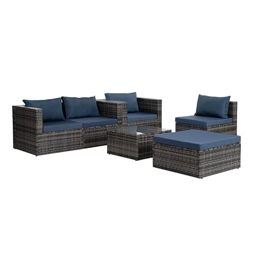 EMKK Patio Furniture Sets, 6 Piece Outdoor Wicker Rattan Sectional Sofa with Tempered Glass Coffee Table, Couch, Loveseat, Chairs with Cushions Conversation Garden, 1-Dark Gray EMKK