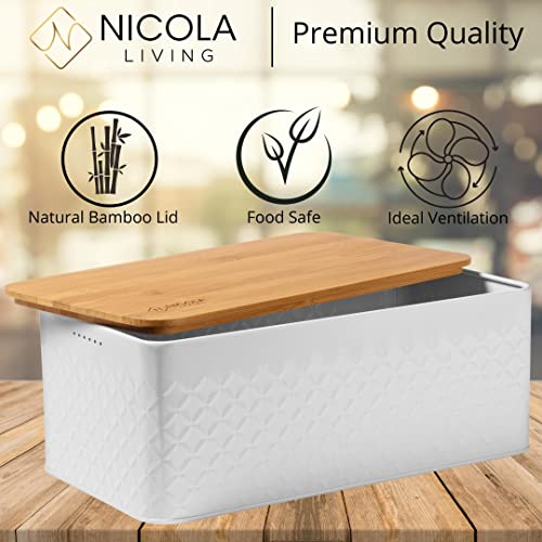 White Bread Box For Kitchen Countertop With Bamboo Wood Cutting Board Lid - Farmhouse White Metal Large Bread Box Modern Style To Extend Freshness - Bread Storage Container