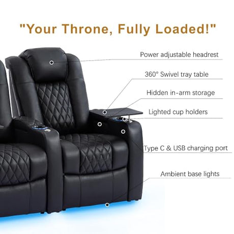 comfiroom Leather Home Theater Seating Classic Series Dual Power Electric Headrest Game Seats Movie Theater Chairs Theater Recliner Sofa with Type-C USB Charger (Black, Row of 3) comfiroom