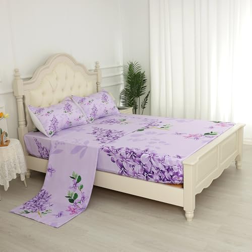 FUYEUN Floral Sheets Sets Queen Size 4 Pcs Flower Fitted Sheets Bedding for Women Girls Purple Lilac Modern Bed Sheets with 1 Flat & 2 Pillowcases FUYEUN