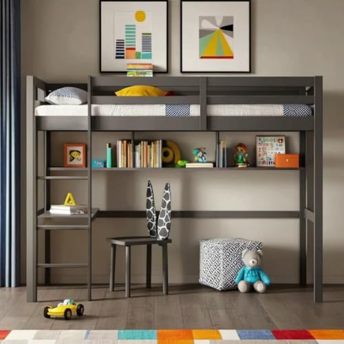 PVWIIK Twin Size Loft Bed with Shelves and Desk,Solid Wood Loft Bed Frame w/Safety Guardrail and Ladder,Space Saving Design, No Box Spring Needed, Grey PVWIIK