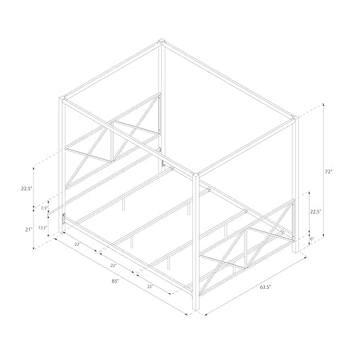 DHP Rosedale Metal Canopy Bed Frame with Four Poster Design and Geometric Accented Headboard and Footboard, Underbed Storage Space, Queen, Gold DHP