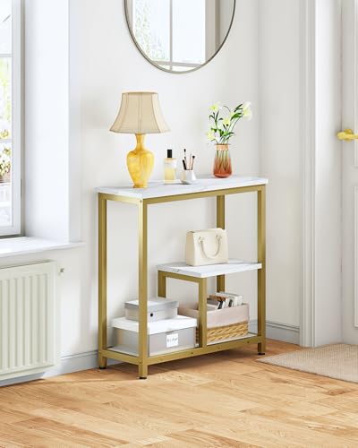 CHOEZON Modern Console Sofa Table 3-Tier Hallway Table Open Storage, Marble Veined Table Top, Metal Frame, for Entryway, Foyer, Marble White and Gold TXG03DJ CHOEZON