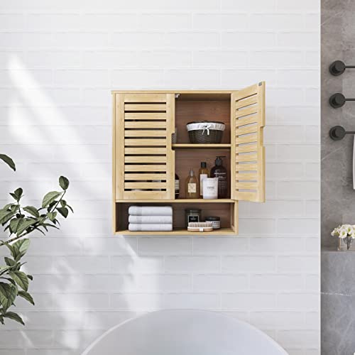 SMIBUY Bathroom Cabinet Wall Mounted, Bamboo Over-The-Toilet Storage Organizer, Space Saver Medicine Cabinet with 2 Door and Adjustable Shelves SMIBUY