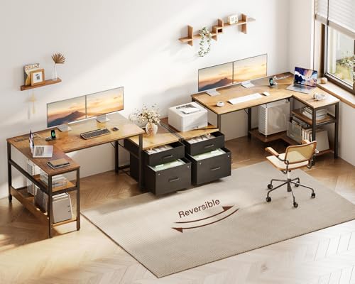 Casaottima L Shaped Desk with Drawers & File Cabinet, Reversible Computer Desk with Storage Shelves & CPU Stand, Corner Desk with Power Outlets, L Desk for Home Office, Rustic Brown Casaottima