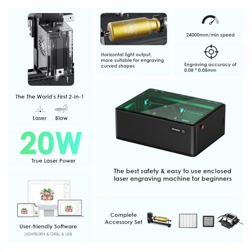Gluwphy 20w Laser Engraver 8-in-1 Enclosure Class 1 Laser Engraver and Cutter Machine,Built-in Smoke Filtering System with Air Assist and Honeycomb Gluwphy