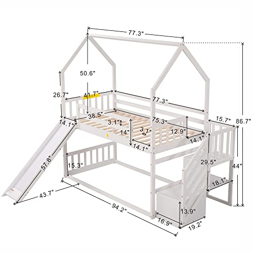Twin Over Twin House Bunk Bed Frames with Slide and Storage Staircase, No Box Spring Needed, White Merax