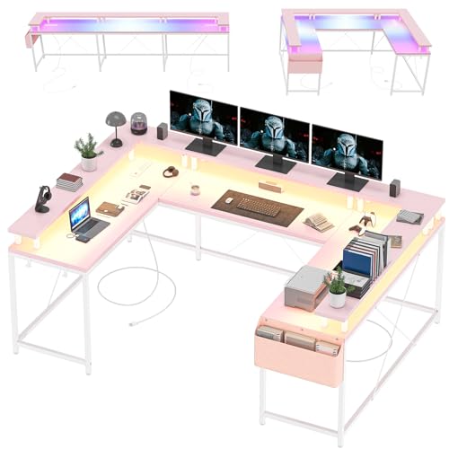 Loumernhant U Shaped Gaming Desk, 79" Reversible U Shaped Desk with Power Outlets, LED Lights, Monitor Stand & Storage Shelves, Corner Office Desk for Home Office, Gaming, Workstation (Pink) Loumernhant