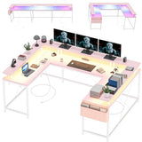 Loumernhant U Shaped Gaming Desk, 79" Reversible U Shaped Desk with Power Outlets, LED Lights, Monitor Stand & Storage Shelves, Corner Office Desk for Home Office, Gaming, Workstation (Pink) Loumernhant
