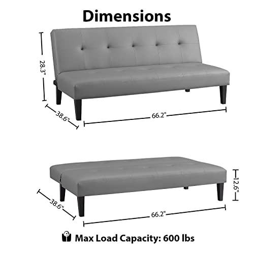 Naomi Home Gray Faux Leather Futon Sofa Bed, Modern Convertible Sofa with Wooden Legs, Reclining Small Couch Bed, Durable and Sturdy, 66'D x 32'W x 31'H Naomi Home