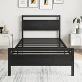 HOJINLINERO Black Twin Bed Frame with Wood Headboard,Metal Single Platform Bed Frame Twin Size No Box Spring Needed,Heavy Duty Metal Slats Support,Mattress Base,Noise Free,Easy Assembly,Black HOJINLINERO