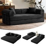79" Convertible Sofa Bed with Fixed-Shape Frame & Removable Armrests, Modular Corduroy Sleeper Sofa, Folding Mattress Couch for Small Spaces - No Assembly Needed in Black (Includes 2 Pillows) SAVENICA