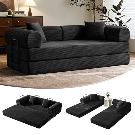 79" Convertible Sofa Bed with Fixed-Shape Frame & Removable Armrests, Modular Corduroy Sleeper Sofa, Folding Mattress Couch for Small Spaces - No Assembly Needed in Black (Includes 2 Pillows) SAVENICA