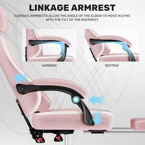 SUKIDA Plush Fabric Gaming Executive Office Chair, Ergonomic High-Back Computer Desk Chair with Large Adjustable Lumbar Support, Headrest and Linked Armrests for Long Hours Sitting Task Chair, Pink SUKIDA