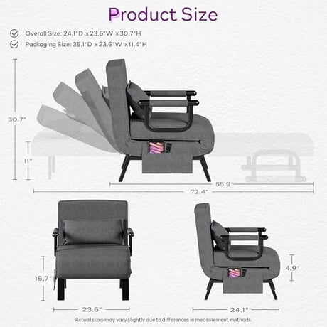 TYBOATLE Sleep Chair Bed, Comfy Convertible Sleeper Chairs for Adults, 5 in 1 Folding Sofa Bed with Adjustable Backrest & Side Pockets & Pillow, Cozy Small Couch for Small Spaces, Office (Dark Grey) TYBOATLE