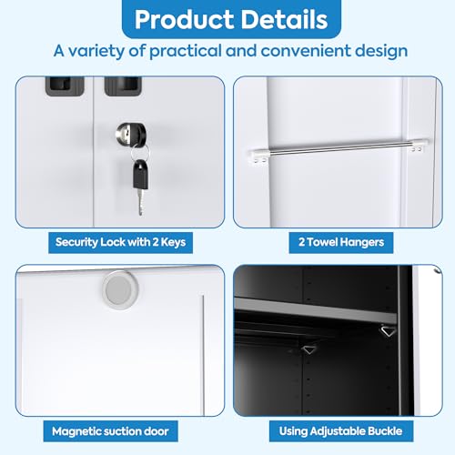 GLADIW Garage Storage Cabinet with Wheels, Broom Closet Storage Cabinet with Pegboards and Adjustable Shelves, Metal Tool Cabinet with Lockable Door for Garage Home, Black and White GLADIW