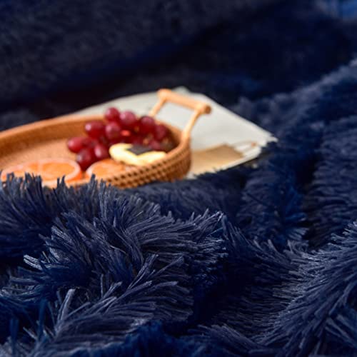 MorroMorn 5 PCS Shaggy Duvet Cover Bedding Set - Long Faux Fur Luxury Ultra Soft (Navy, Full/Queen) MorroMorn