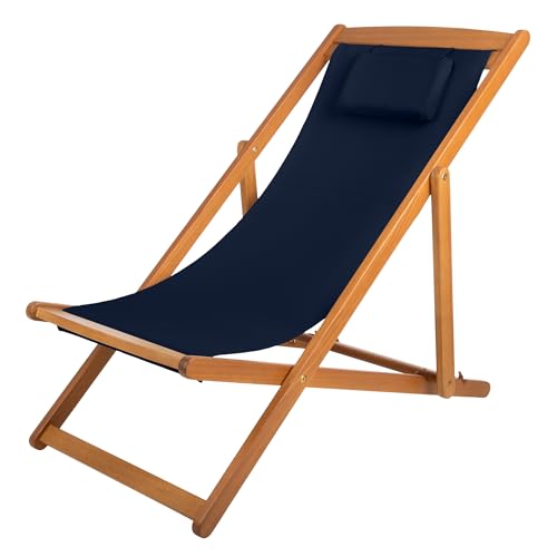 Beach Lounge Chair - Adjustable Height Reclining Sling Chair - Portable Wood Folding Chairs - Folding Lounge Chairs for Outside, Patio, Balcony, or Camping - Outdoor Furniture by Lavish Home (Blue)