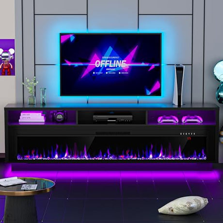 AHB 70" Fireplace TV Stand with 64" Electric Fireplace, LED Light Entertainment Center with Fireplace and Storage Cabinet, Media Console Table for TVs Up to 80 Inches, Ideal for Living Room, Black AHB