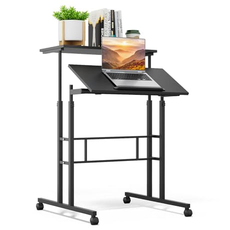 Athena Collection Height Adjustable Rolling Desk Mobile Portable Laptop Stand Cart Small Sit Standing Desk Computer Table Workstation for Home Office, Black Athena Collection