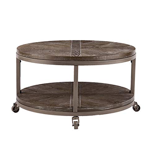 SEI Furniture Konya Urban Industrial Round Coffee Table, White-limed Burnt Oak/Distressed Gray - WoodArtSupply