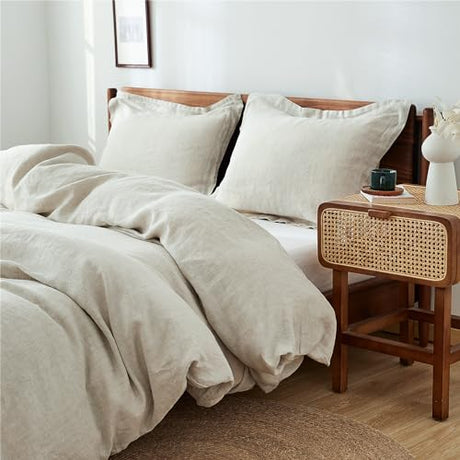 Simple&Opulence 100% Linen Duvet Cover Set 3pcs Basic Style Natural French Washed Flax Solid Color Soft Breathable Farmhouse Bedding with Button Closure - Linen, King Simple&Opulence