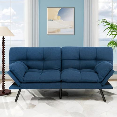 MUUEGM Futon Sofa Bed, 71" Convertible Linen Memory Foam Couch Bed, Modern Backrests Armrests Love Seat for Living Room,Apartment,Office,Blue Sleeper Couch MUUEGM