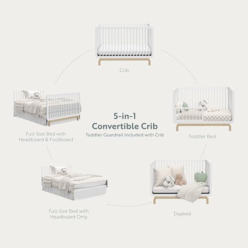 Storkcraft Santorini Deluxe 5-in-1 Convertible Crib with Bonus Toddler Guardrail (White with Driftwood) – GREENGUARD Gold Certified, Toddler Guardrail Included in Box, Fits Standard Crib Mattress