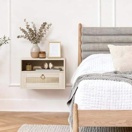 IGERI Floating Nightstand with Drawer for Wall Mounted Hanging Rattan Night Stand Bed Side Tables Wooden End Table Small Boho Dressers Farmhouse Shelves for Bedroom IGERI