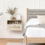 IGERI Floating Nightstand with Drawer for Wall Mounted Hanging Rattan Night Stand Bed Side Tables Wooden End Table Small Boho Dressers Farmhouse Shelves for Bedroom IGERI