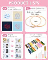 TINDTOP 4 Sets Embroidery Kit for Adults, Floral Embroidery Practice Kit for Beginners Include Embroidery Cloth Hoops Threads for Craft Lover Hand Stitch with Embroidery Skill Techniques