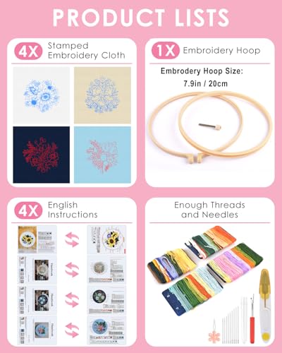TINDTOP 4 Sets Embroidery Kit for Adults, Floral Embroidery Practice Kit for Beginners Include Embroidery Cloth Hoops Threads for Craft Lover Hand Stitch with Embroidery Skill Techniques TINDTOP