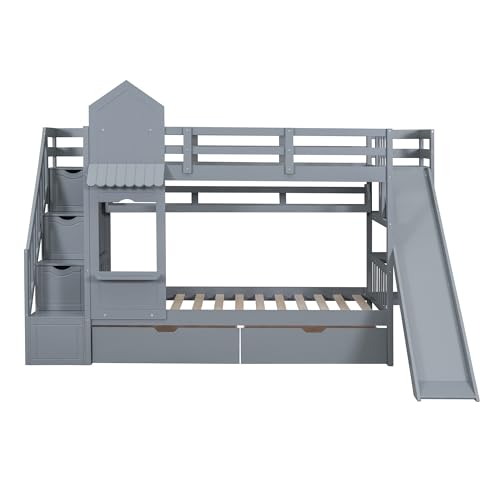 Ball & Cast Twin-Over-Twin Castle Style Bunk Bed,Wood Bunkbed w/ 2 Drawers and 3 Shelves,Full-Length Fence,Bedframe with Slide & Storage Ladder,Space Saving,Slat Support,for Child's Bedroom,Gray Ball & Cast