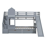 Ball & Cast Twin-Over-Twin Castle Style Bunk Bed,Wood Bunkbed w/ 2 Drawers and 3 Shelves,Full-Length Fence,Bedframe with Slide & Storage Ladder,Space Saving,Slat Support,for Child's Bedroom,Gray Ball & Cast