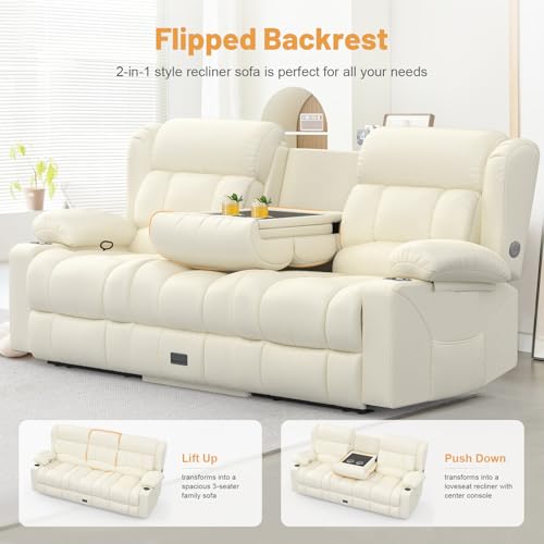 Dresegmt Loveseat Recliner Sofa, Flip Middle Backrest Design PU Leather 3 Seat Reclining Sofa with Storage Drawer, Manual Couch for Living Room (Ivory White, PU)