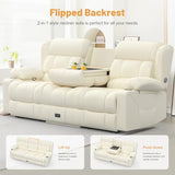 Dresegmt Loveseat Recliner Sofa, Flip Middle Backrest Design PU Leather 3 Seat Reclining Sofa with Storage Drawer, Manual Couch for Living Room (Ivory White, PU)