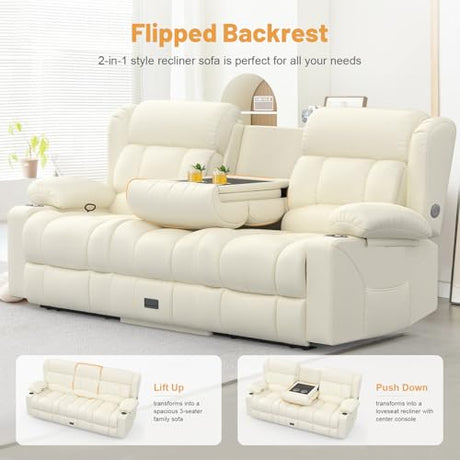 Dresegmt Loveseat Recliner Sofa, Flip Middle Backrest Design PU Leather 3 Seat Reclining Sofa with Storage Drawer, Manual Couch for Living Room (Ivory White, PU) Dresegmt